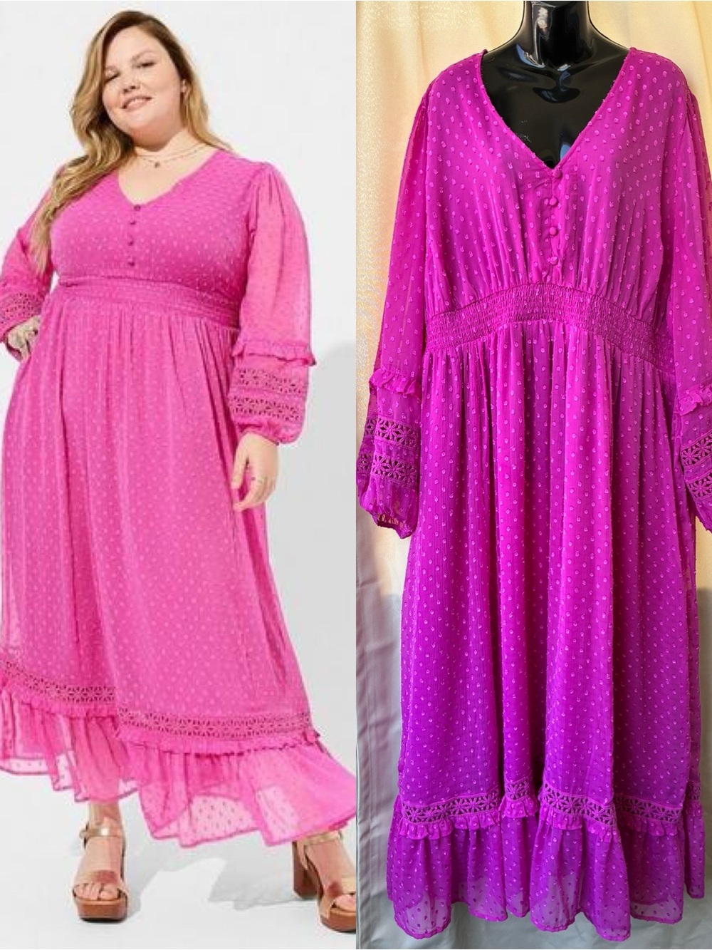 Festi xTorrid Pink Chiffon Clip Dot Ruffles Maxi Dress Lined Size 3X